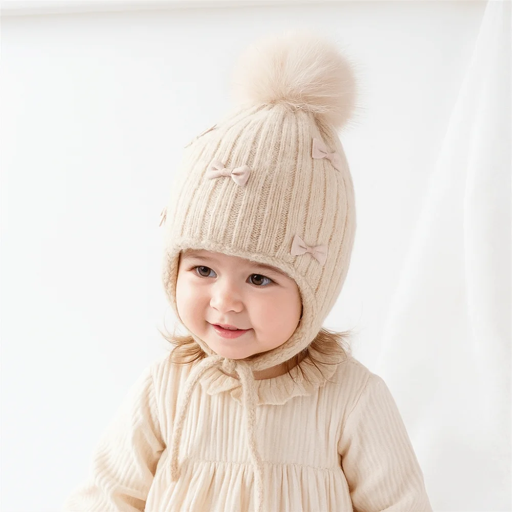 

Cute Pompom Bows Children Winter Hat Ears Protection Fleece-lined Girl Cap Thicken Bonnet Hat Winter