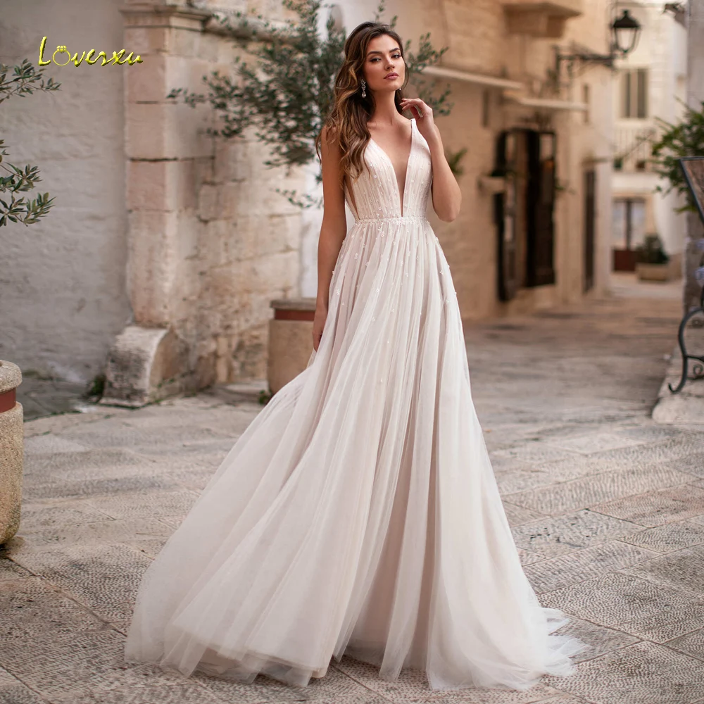 

Loverxu Boho Wedding Dresses 2024 V-Neck Sleeveless Robe De Mariee Beaded A-Line Court Train Tulle Backless Vestido De Novia