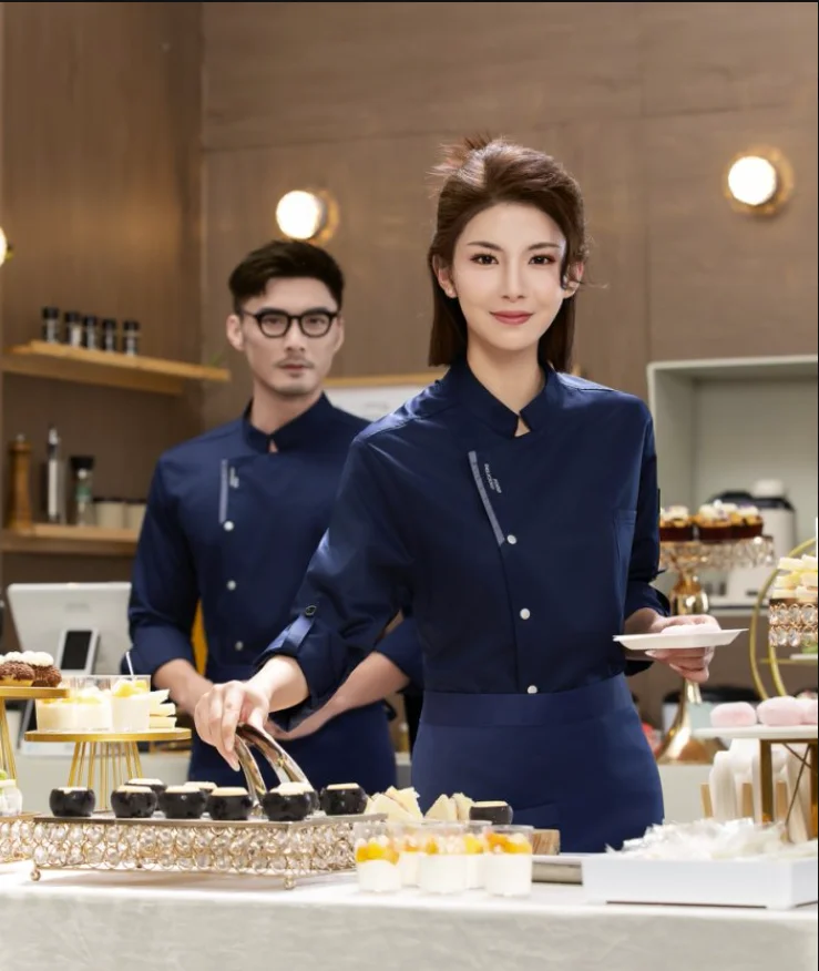 Chaqueta de Chef blanca de manga larga, uniforme de Chef de restaurante, camiseta de Chef, uniforme de trabajo de panadero, abrigo de cocinero de Hotel, ropa con logotipo para mujer