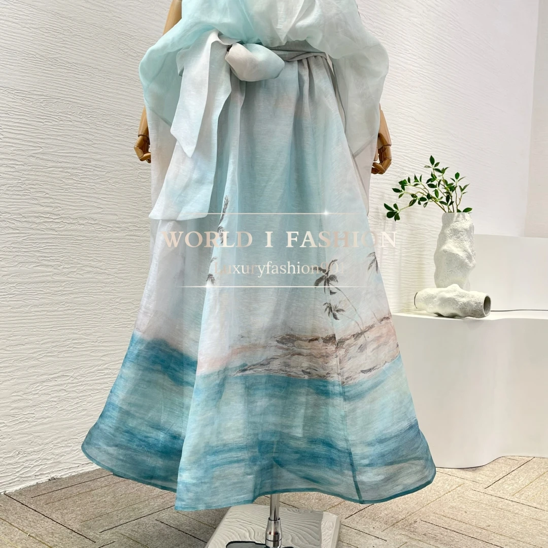 2025 New Fashion Blue Coconut Trees on The Beach Print Sleeveless Beading Deep V Neck Maxi Dress