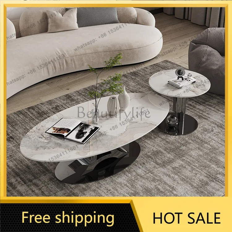 LS Italian rock slab coffee table simple oval stainless steel modern light luxury living room home combination small apartment