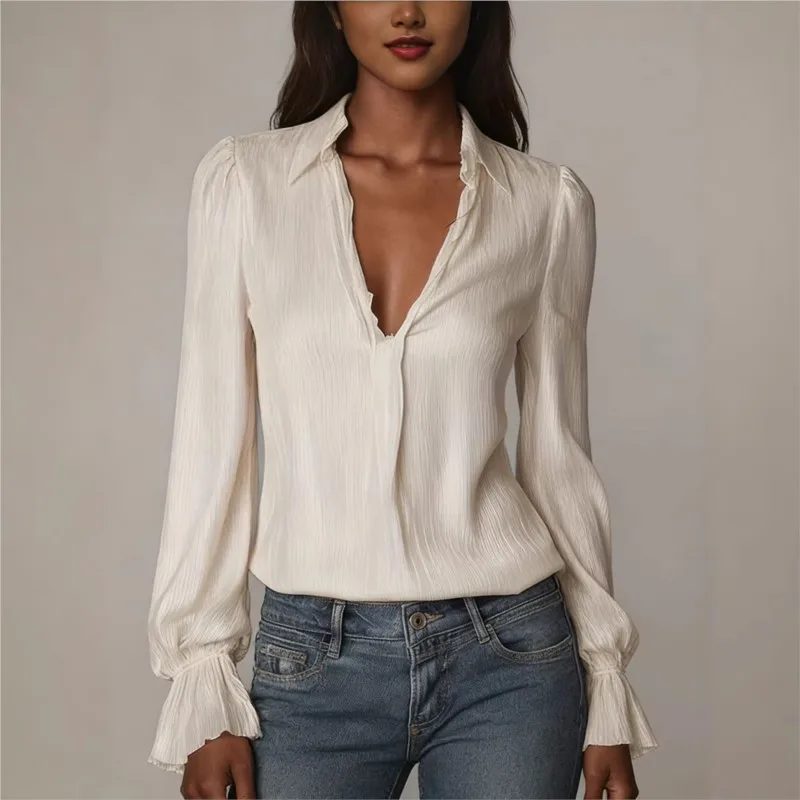 

2026 Spring Women Ruffles Shirts Fashion Long Sleeve Deep V-neck Tops Blouse Solid Color Lapel Shirt with Office Lady Minimalist