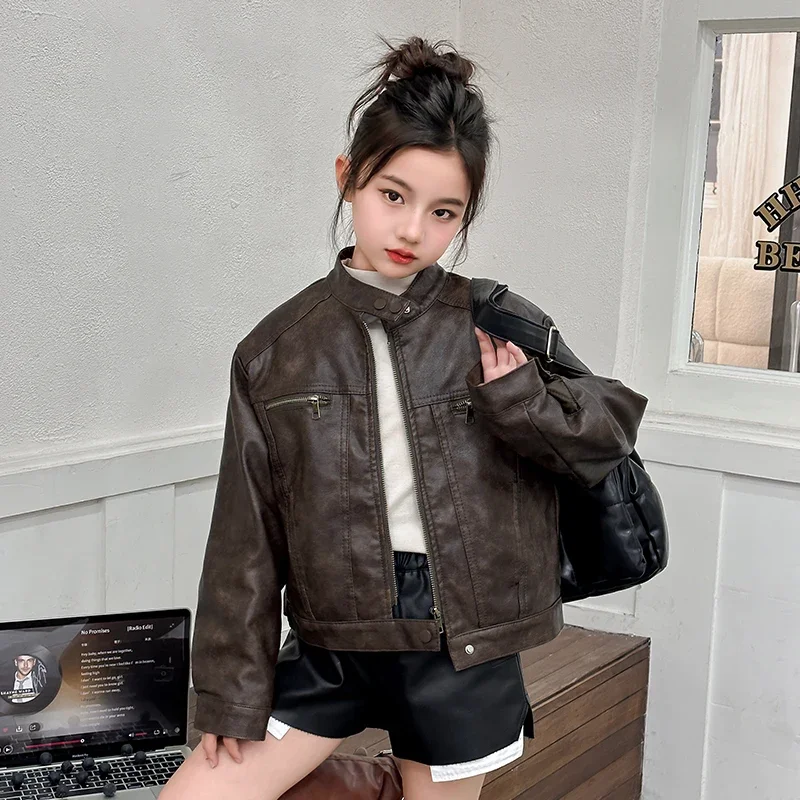 

Korea Girls Leather Jacket Faux Rabbit Fur Lining Children's Autumn Spring Stand Collar Kids PU Leather Zipper Boy Coats TR359