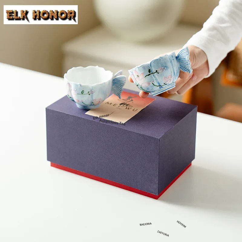 2pc/set 90ml Hand-painted Misty Magnolia Teacup Tea Bowl Set Of Cups Tea-tasting Butterfly Personal Cup Jianzhan Drinkware Gifts