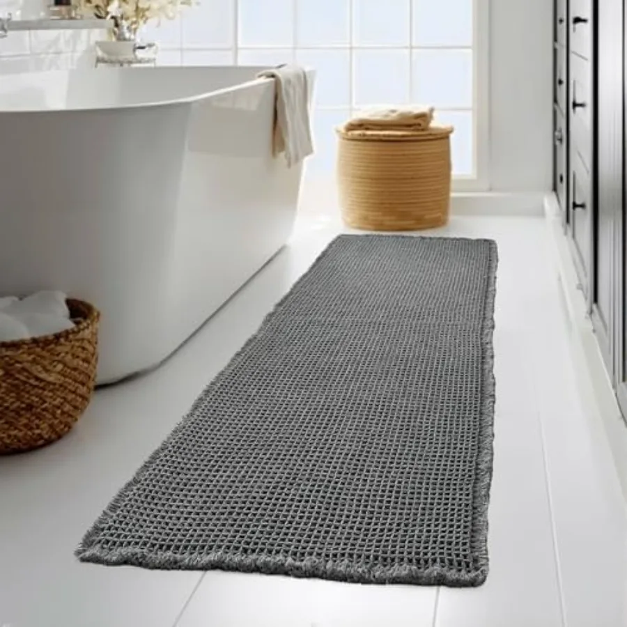 

Waffle Bath Mat Ultra Soft 60" X 24" Super Absorbent Long Bathroom Rug with Tassels Non Slip Farmhouse Floor Cover Quick Dry La