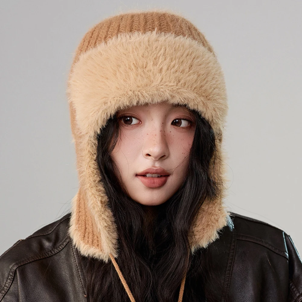 HT4474 Cute Rabbit Fur Winter Hats for Women Thick Warm Snow Ski Earflap Cap Lady Knitted Russian Hat Female Fashion Trapper Cap