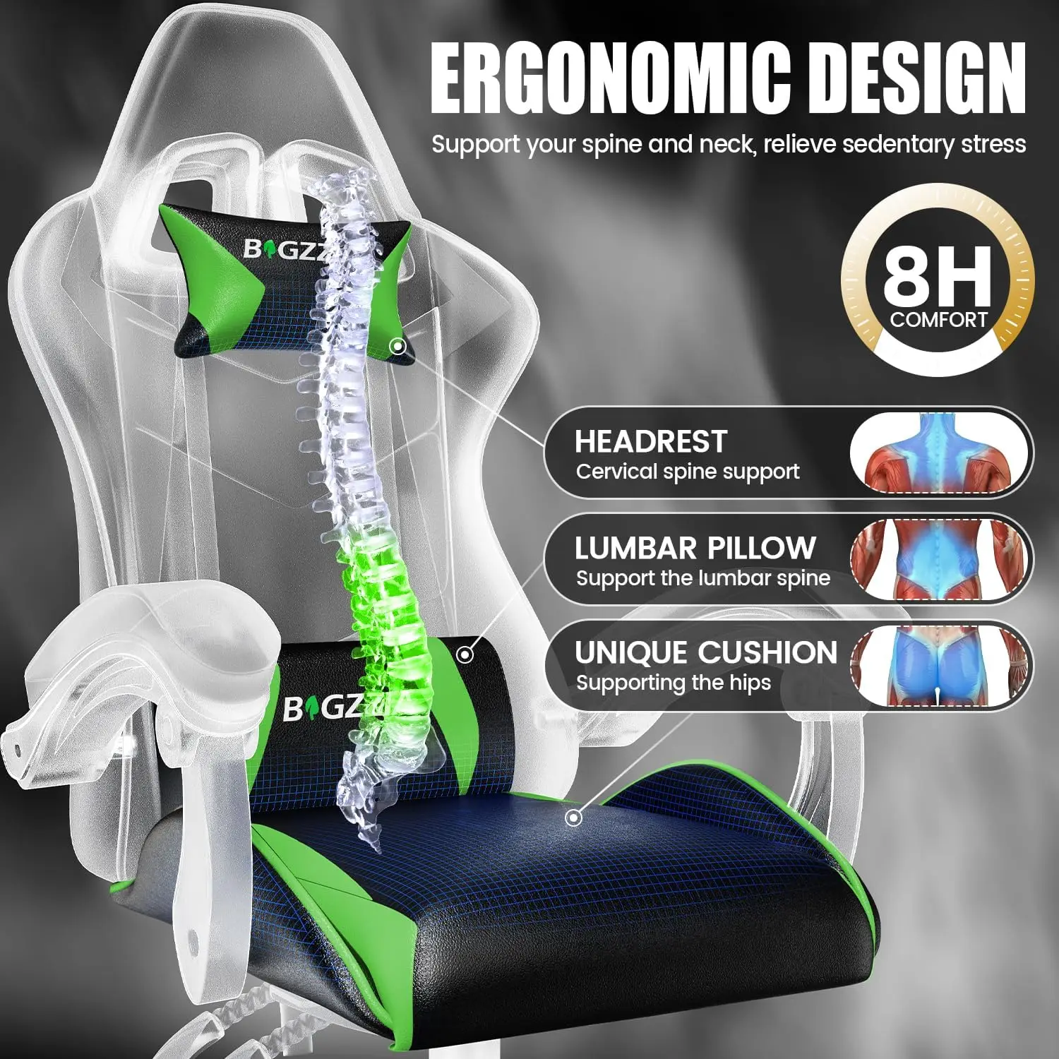 Gaming Chair, Comfortable Gamer Chair with Lumbar, High-Back, Green - view 6