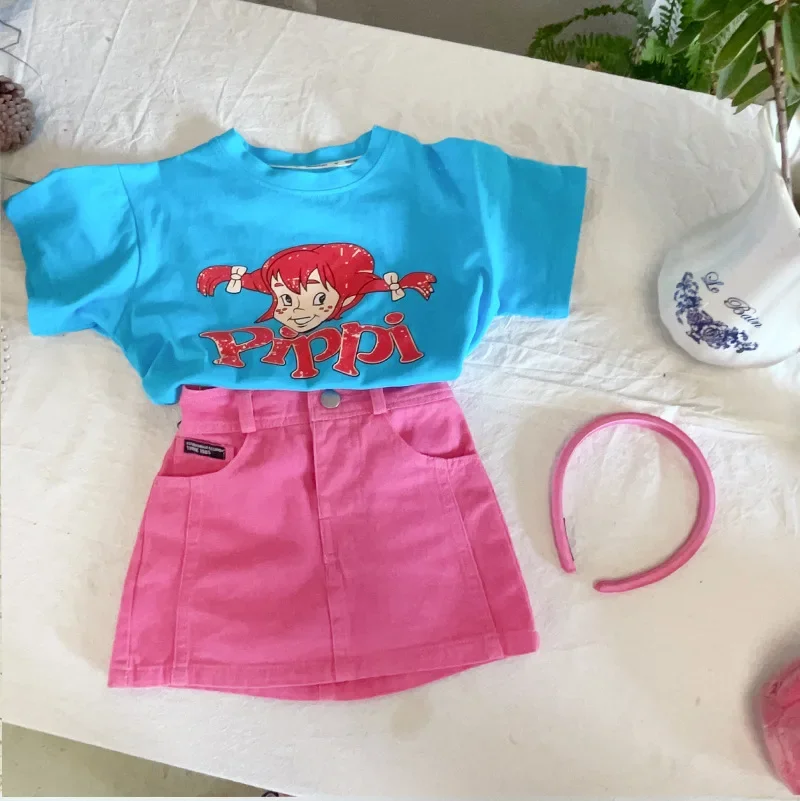 Children Casual Loose Parent Child Clothing 2024 Summer Korean Mother Daughter Cartoon Printed Cotton T Shirt and Skirt Suit