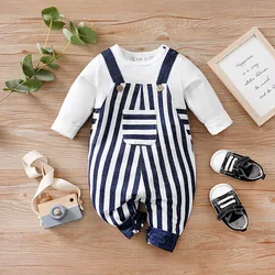 Black and white striped overalls design Spring and Autumn New Style Gentleman style Mock pocket Casual Fashion Baby jumpsuit