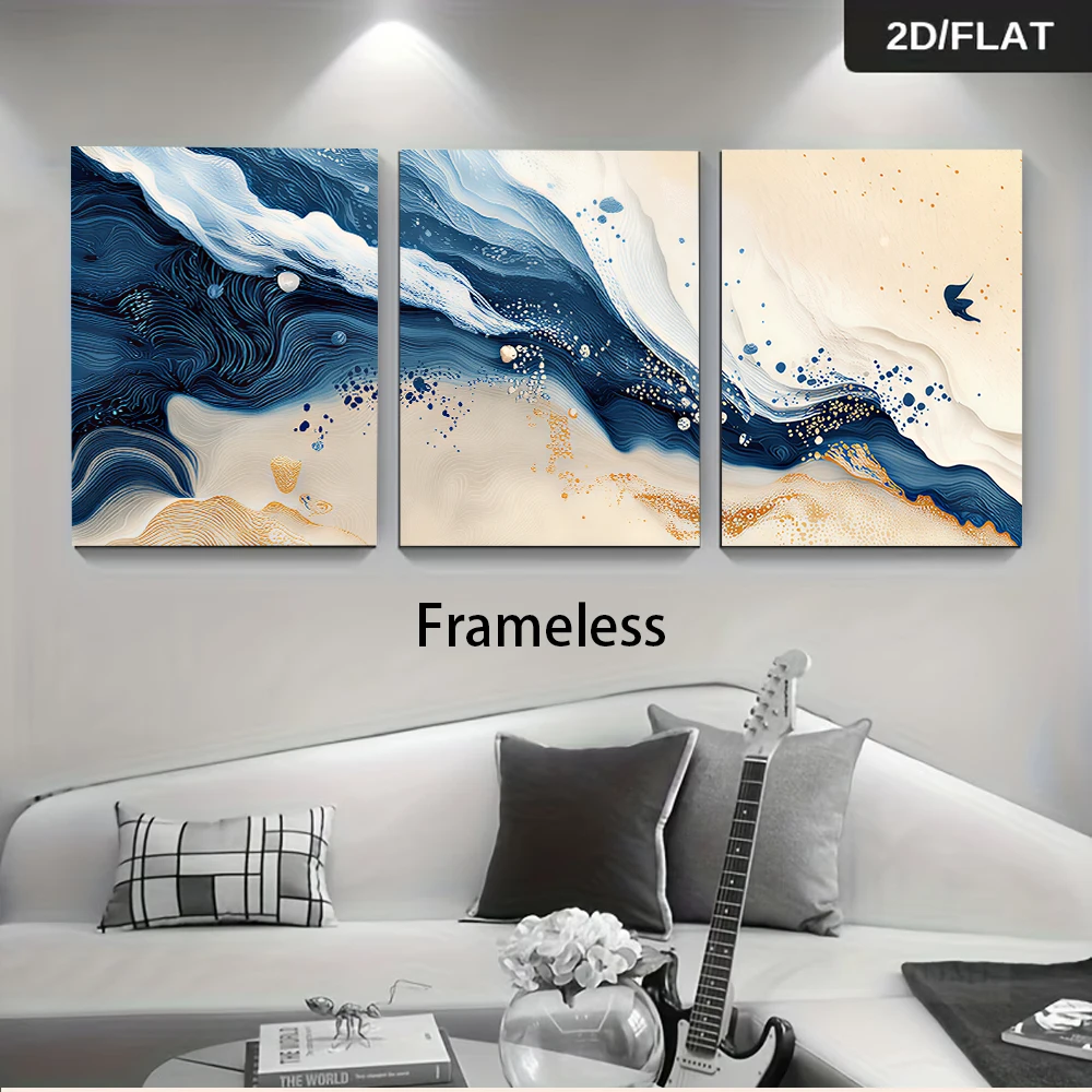 1 set of modern abstract triptych wave decoration paintings, light luxury bedroom foyer frameless painting, 2D plan