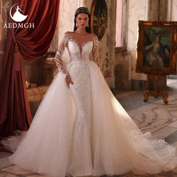 Aedmgh Mermaid Wedding Dresses O-Neck Long Sleeve Vestido De Novia Lace Embroidery Detachable Train Sexy Custom Made Bridal Gown
