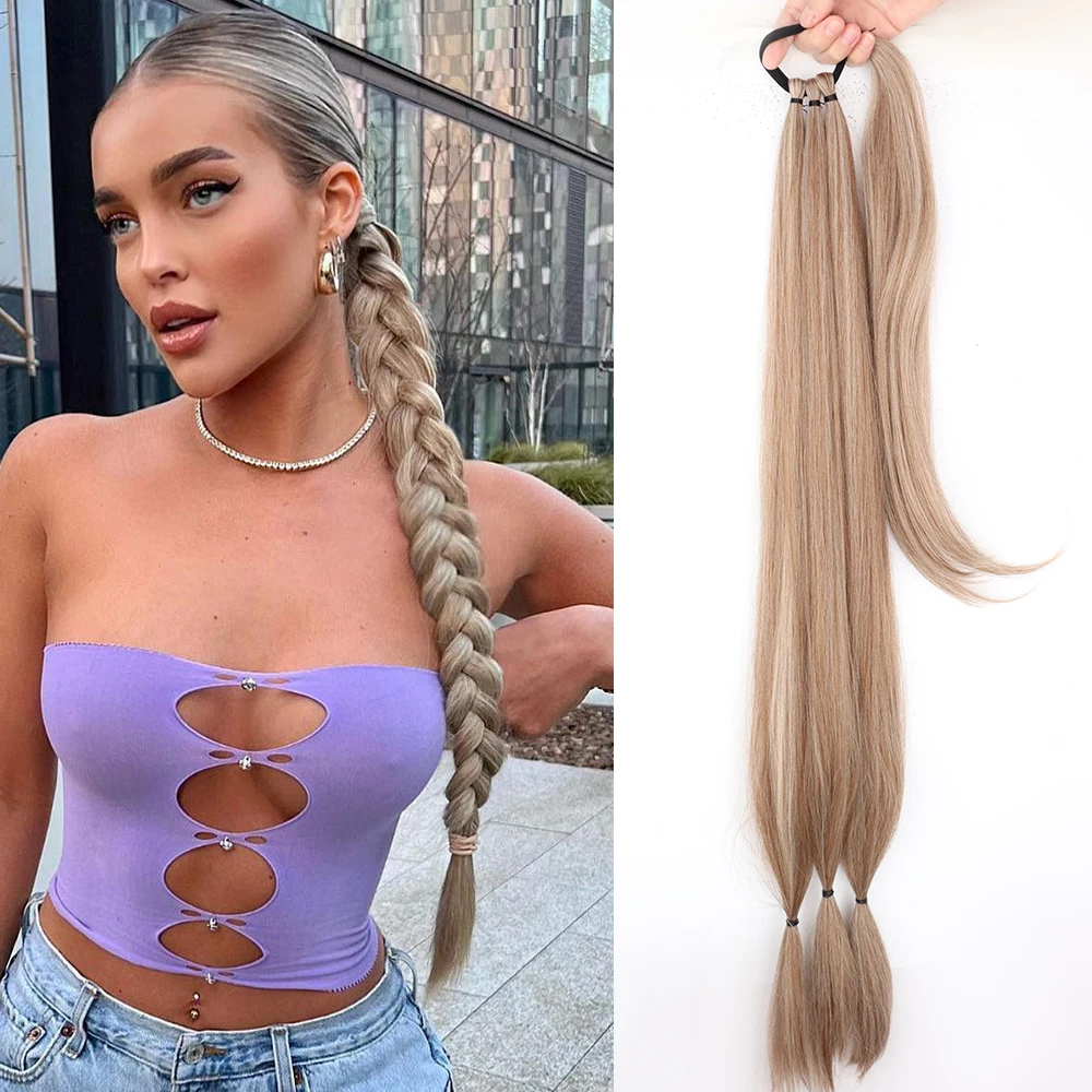 

34-дюймовые синтетические супер длинные плетеные волосы для наращивания хвоста, термостойкие синтетические наращивания, черный, коричневый, светлый, пони