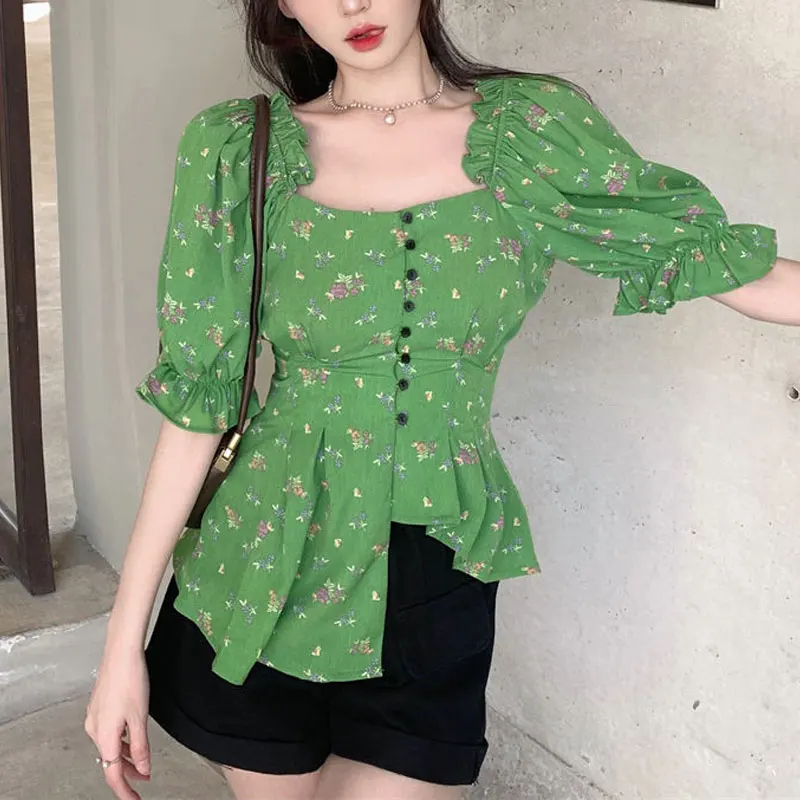 Hotsweet Stand Collar Waist Shirt 2024 Summer Puff Sleeve Women\'s Clothing Broken Flowers Fashion Asymmetrical Folds Slim Blouse