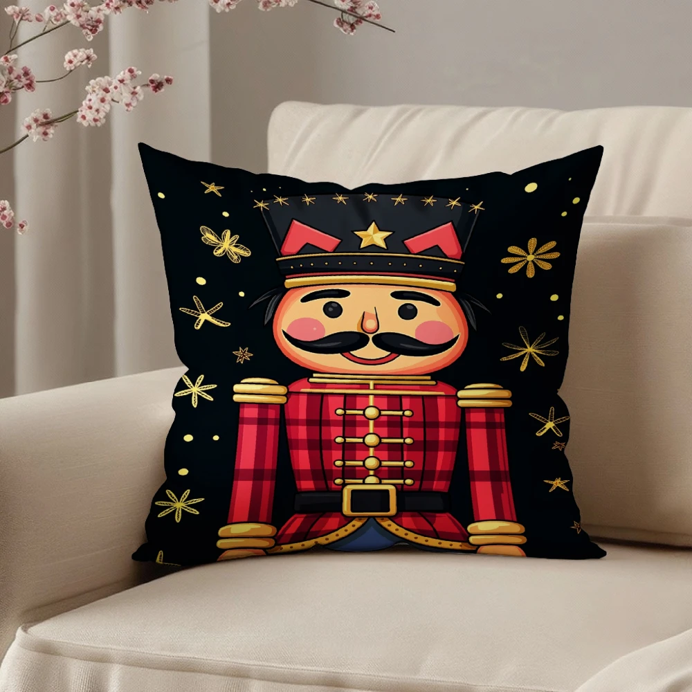 Square Throw Pillow Case Black Nutcracker Soldier With Gold Stars Print For Christmas Home Sofa Bedroom Decor