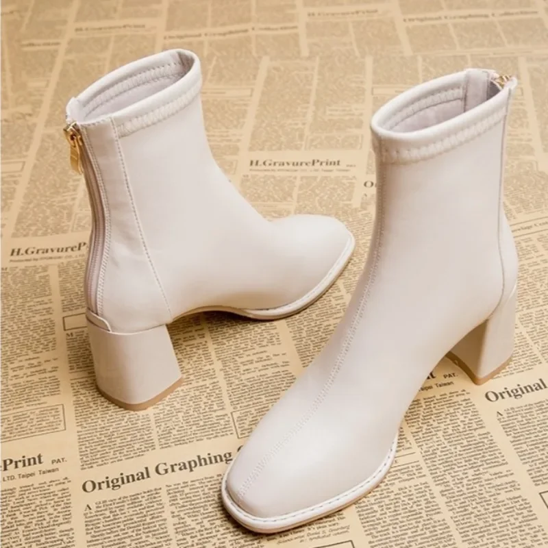Squaretoe high heels women's boots Chelsea fashion patent leather snow shoes 2025 trend elegant thick fashion Botas Mujer zipper