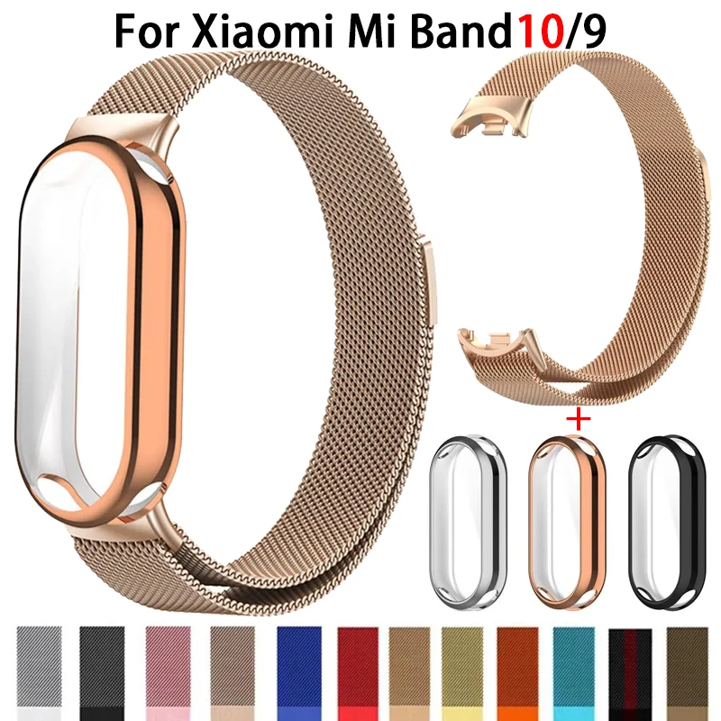 Metallarmband für Xiaomi Mi Band 9 10, Armband mit TPU-Gehäuse, weicher Bildschirmschutz, Milanese-Magnetschlaufe für Xiaomi Mi Band 10 9