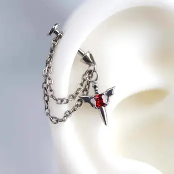 不銹鋼紅色鋯石翅膀穿孔耳環,男女通用,哥德銀色鉚釘耳骨釘耳環,Y2K風格飾品 10 最佳銷售 歌德式穿孔 - №6