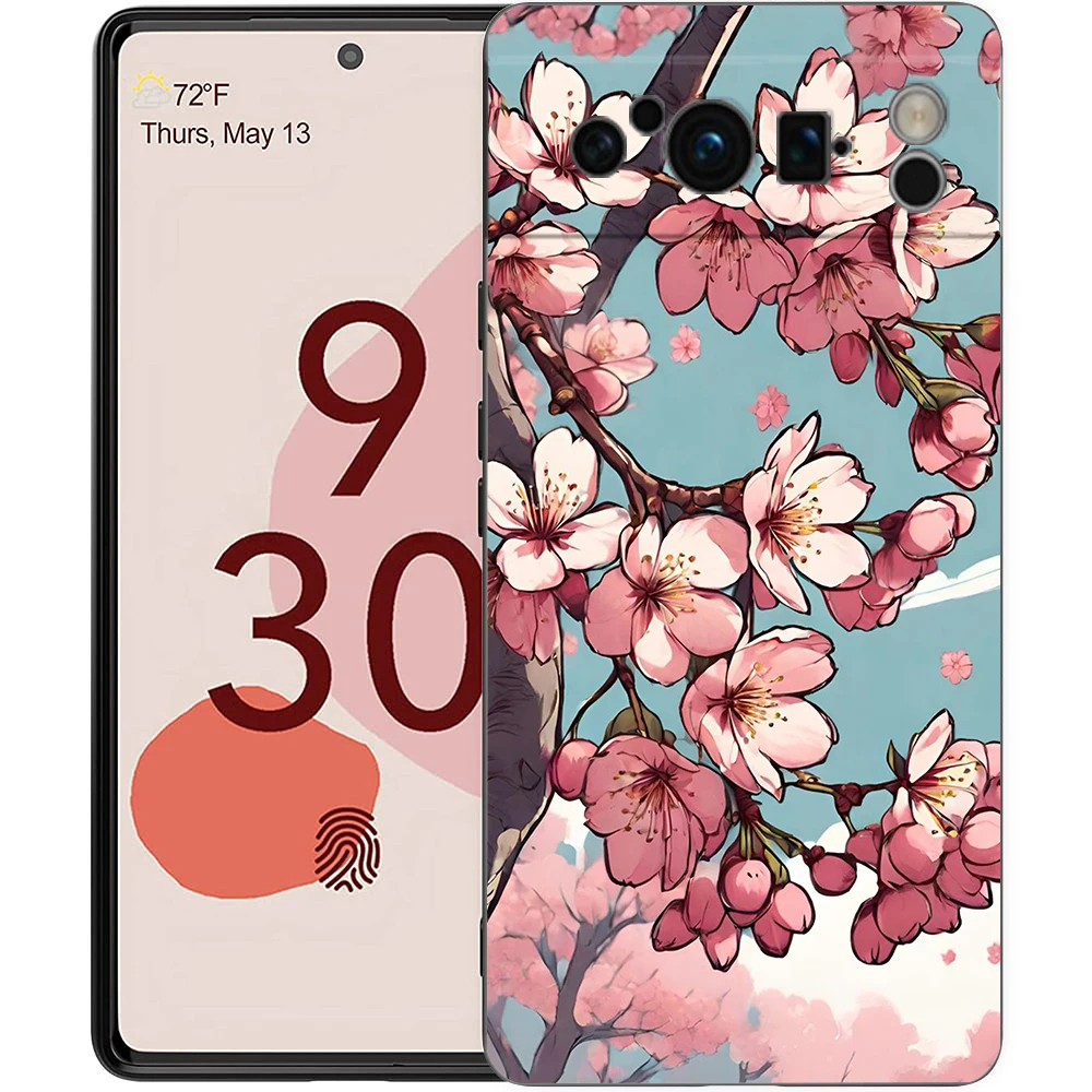 Phone Case For Google Pixel 8 7 6 Pro 8A 7A 6A TPU Shell Soft Silicone Shockproof Black Cover Cherry Blossom Tree