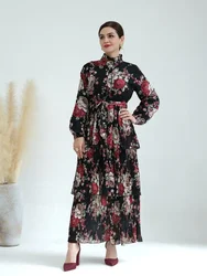 Mulheres Eid Muçulmano Vestido Plissado com Bolo de 3 Camadas, Estampa Floral, Abaya, Jalabiya, Cordão, Vestidos de Festa Marrocos, Longo Robe Kaftan