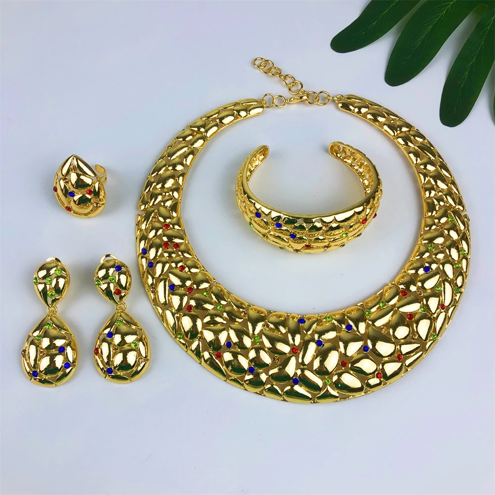 

TITI Luxury 18K Gold Plated for Chunky Women Big Necklace Earring Bracelet Ring African Bridal Wedding Party Gifts
