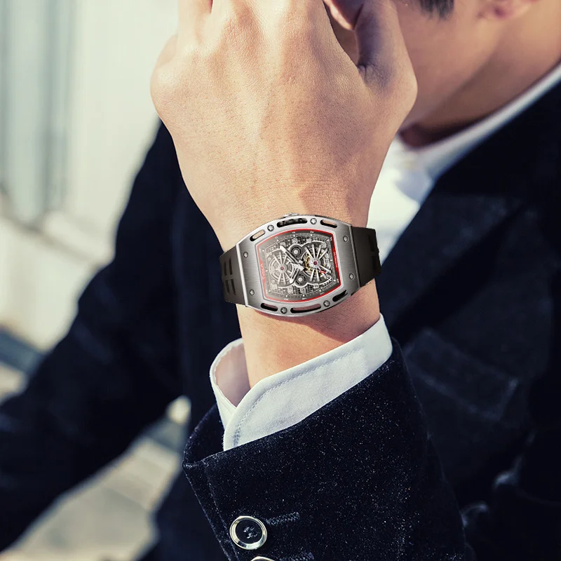 TVSILA Original Miyota Men's Automatic Mechanical Watch Stainless Steel Case Silicone Band Skeleton Waterproof Sport Wristwatch - Image 5