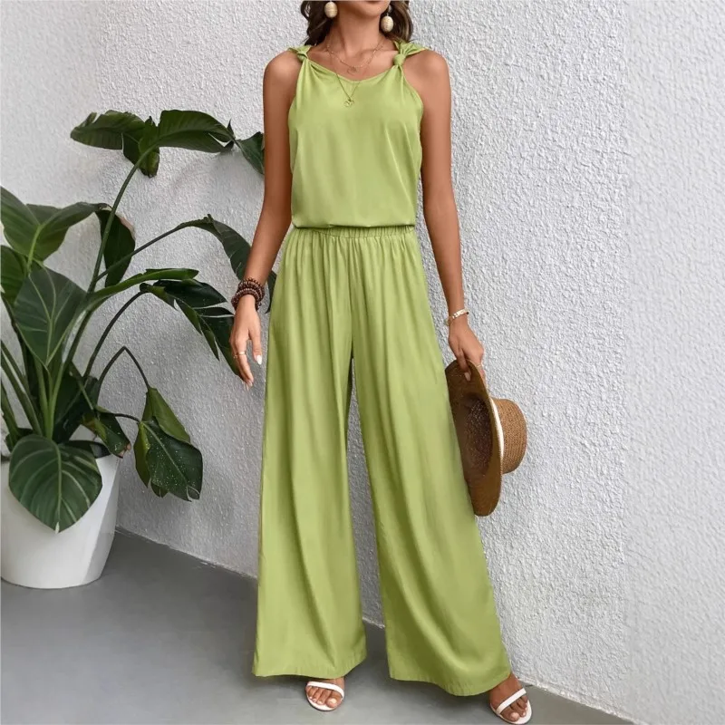 Spring Summer Sexy Suspender 2 Piece Sets Women Outfits Fashion Elastic Waist Loose Wide Leg Pants Suit Vacation Light Green Set