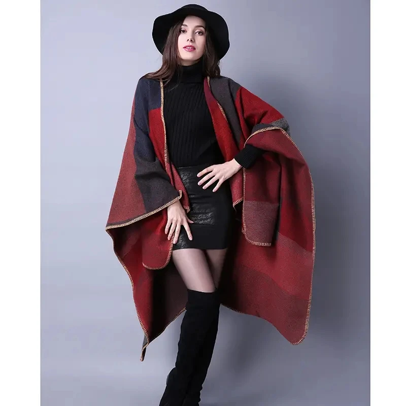 Vintage Color Block Shawl Imitation Cashmere Warm Warm Wrap Boho Large Blanket Scarf Poncho Capes Thickend Cloak For Outdoor