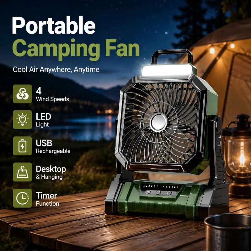 Outdoor Camping Rechargeable Fan USB Lighting Portable Quiet Ceiling Fan for Fishing Camping Stall Night Market High Wind Power