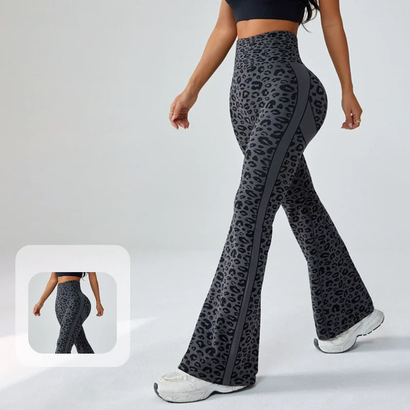 Fashion Sexy Slightly Flared Yoga Pants Women High-Waisted Hip-Lifting Sports Wide-Leg Pants Leopard Print Fitness Yoga Flared