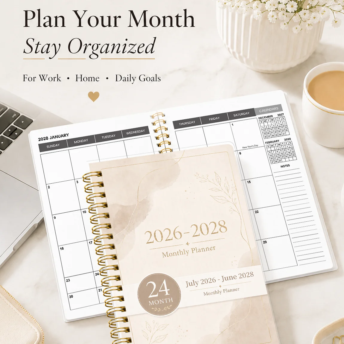1PC Jul 2026-Jun 2028 Monthly Planner, Beige Floral A5 8.15x5.71in, Gold Spiral, Monthly Overview for Work & Daily