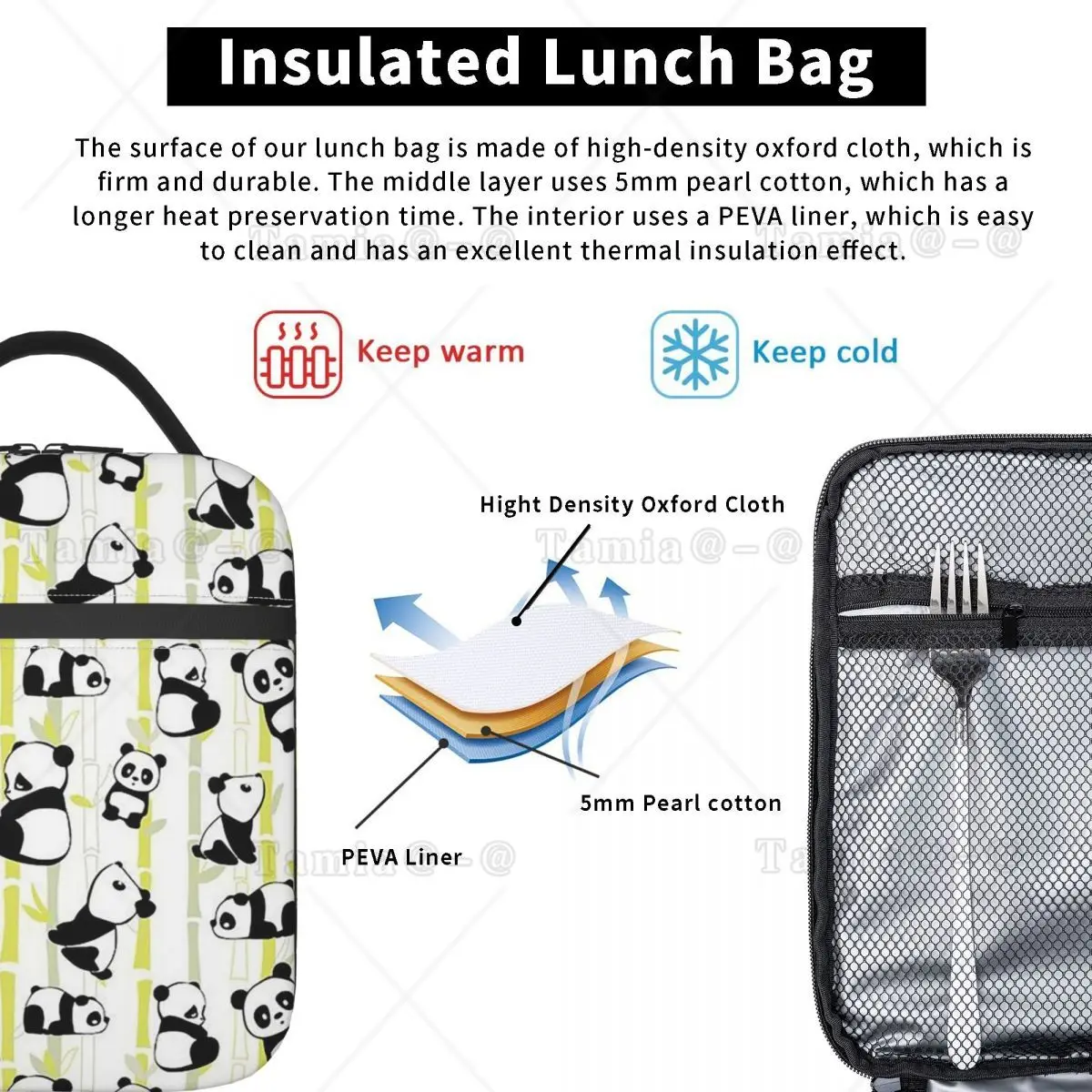 Cartoon Panda And Bamboo Pattern Insulated Lunch Bag for Women Children Leakproof Food Boxes Thermal Lunch Box Tote