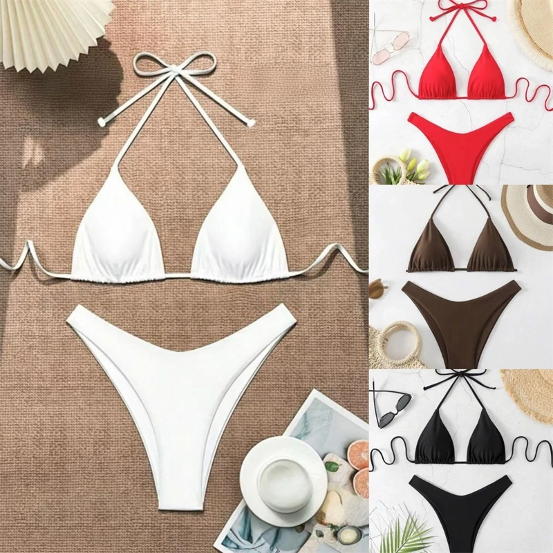 

2025 New Bikini Set Women Sexy Simple Solid White/Black/Coffee Halter Bikini Swimsuit Lace Up Brazilian Beach Bathing Suit