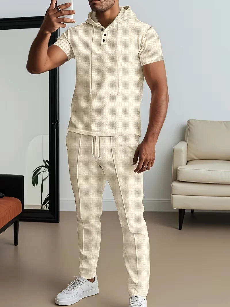 Men's Spring and 2026Autumn Top New Solid Color Button Pocket Shirt Men's Casual Shirt Short Sleeve Pants Set view 3