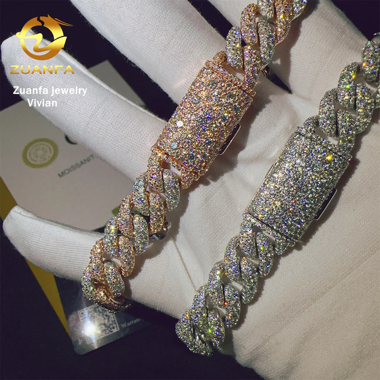 Setting Mosaic 12mm Sterling Silver 925 VVS Moissanite Diamond Hip Hop Moissanite Miami Cuban Link Chain Bracelet.