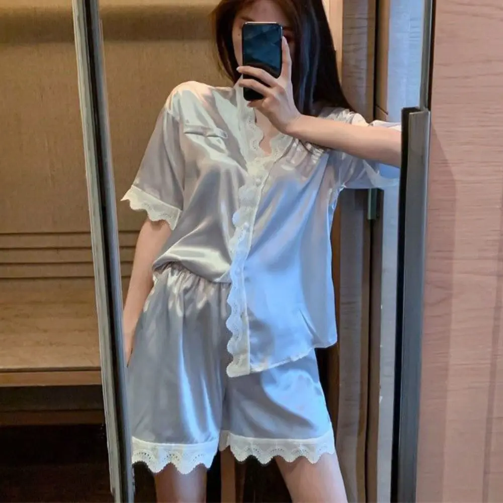 

Sweet Ice Silk Lace Pajama Suit Loose V Neck Sweet Short Pajamas Women Sleepwear Short-sleeve Two Pieces Sleepwear Sets Home