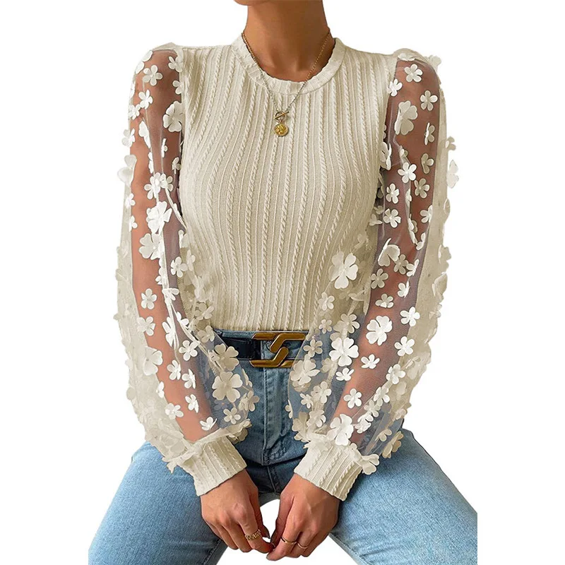 

Women's Spring Autumn Pullover Round Neck Solid Paisley Gauze Tie Flowers Chiffon Lantern Long Sleeve T-shirt Vintage Sexy Tops