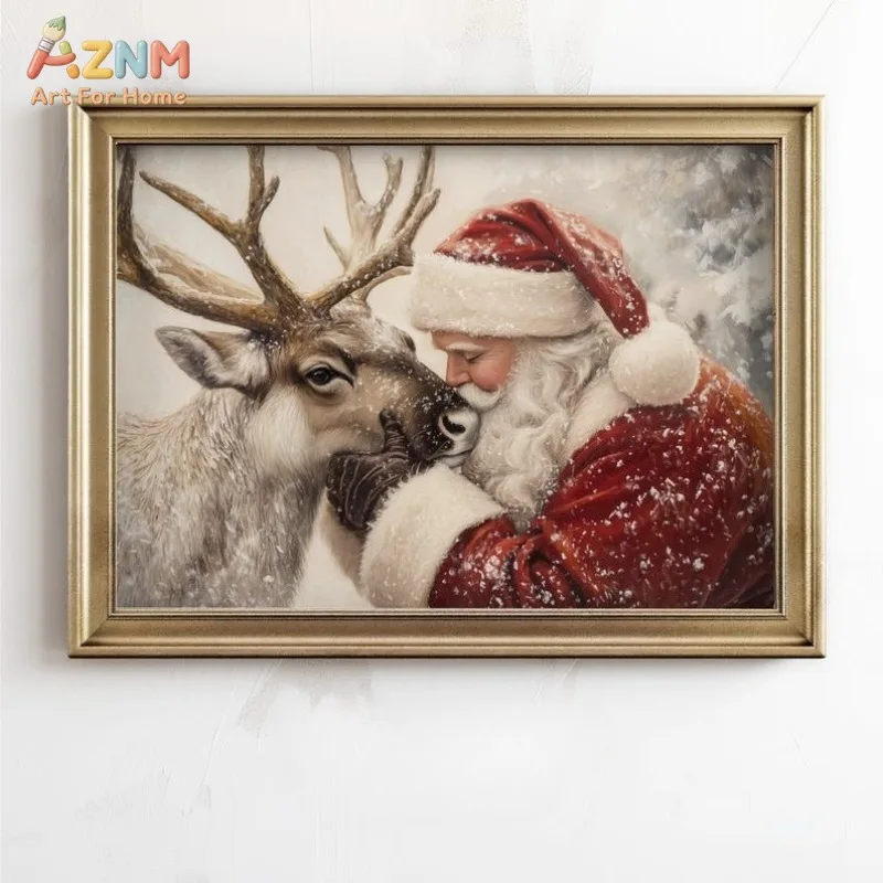 AZNM Vintage Santa Claus Kissing Reindeer Canvas Wall Art Snowy Winter Christmas Oil Painting Warm Holiday Home Decor Unframed C