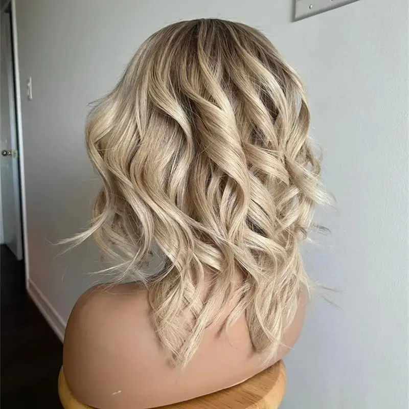 Ombre Creamy Blonde with Dark Blonde Balayage Highlights HD Lace Front Wig High Quality Synthetic Wig Short Wave Bob Women' Wig