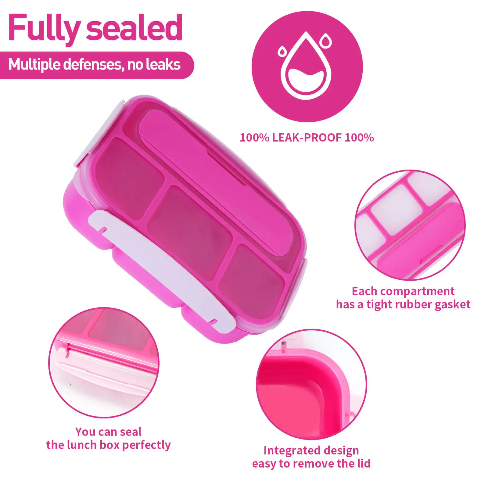 1.3L  Bento Lunch Box with 4 Compartments, Leak-Proof, Microwave Safe