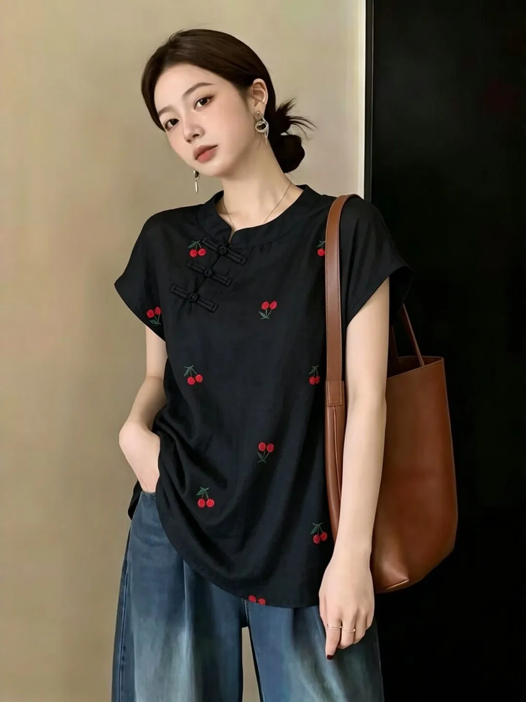 

Cherry Print Short Sleeve Shirt Women's Summer Casual High-End Feeling Chinese Style Loose Fit Printed Fruit Pattern Top