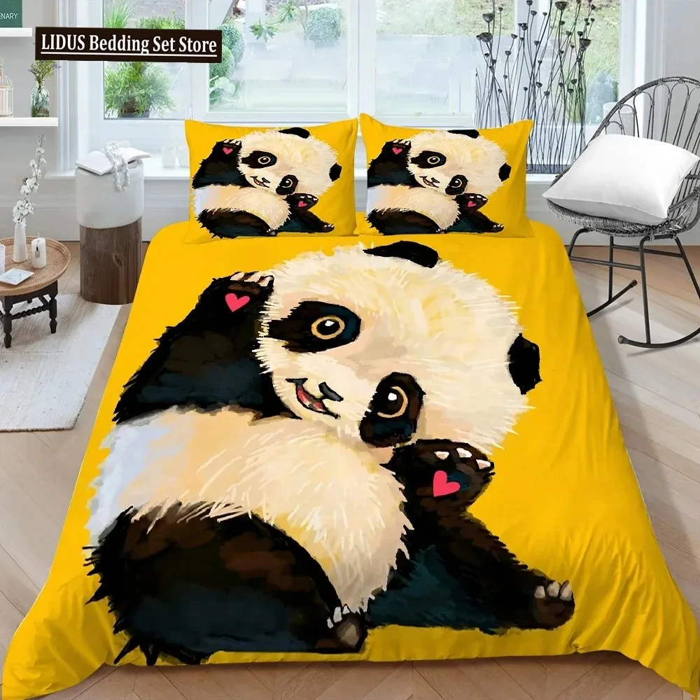 

Panda Bedding Set For Boys Girls Cute Cartoon Giant Panda Duvet Cover Set KingQueen Size Yellow Soft Polyester Quilt Cover