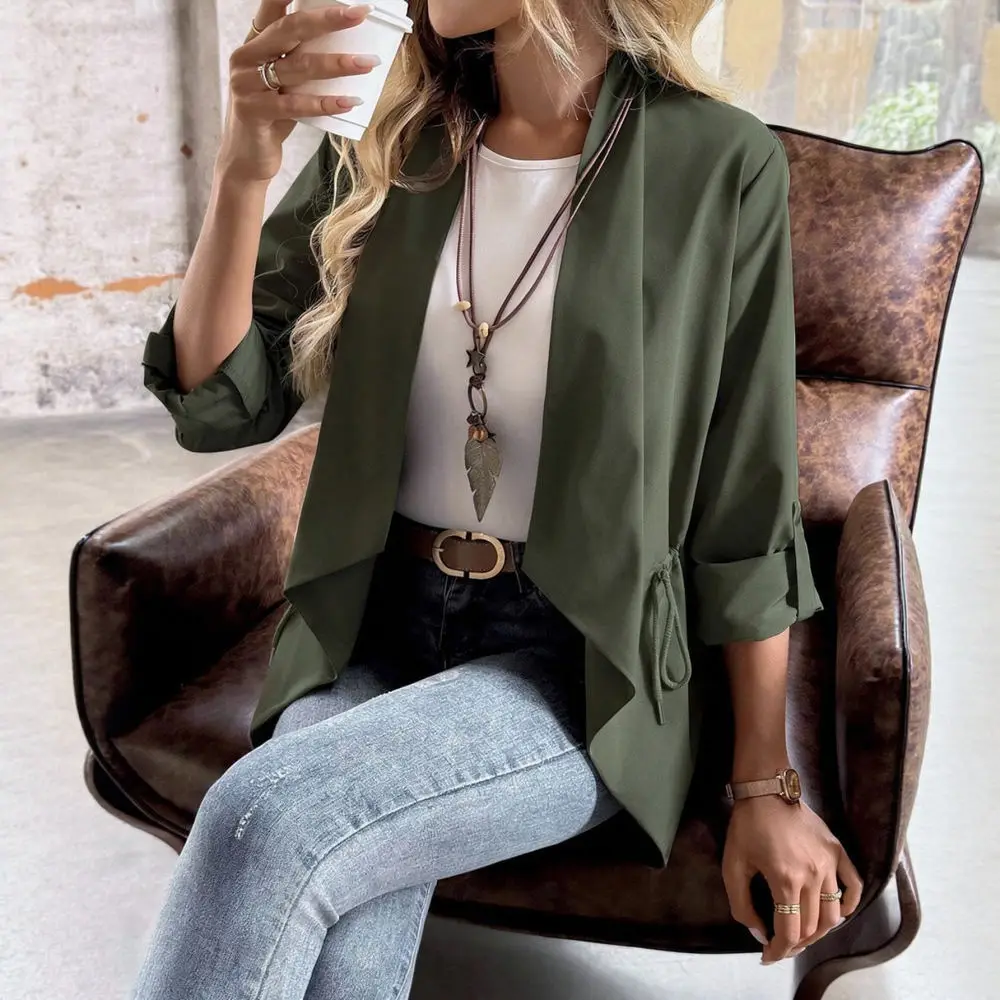 Autumn Womens Short Jacket Long Sleeve Turn Down Collar Plain Casual Outerwear Fashion Drawstring Waist Slim Fit Coat