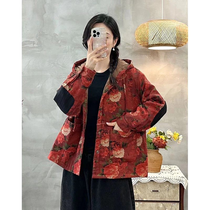 Masss Wasss Coreano Inverno 2025 Stampato Con Cappuccio Caldo Parka Donna Vintage Per Il Tempo Libero Classico Trapuntato Jeackets Addensare Cappotti di Moda