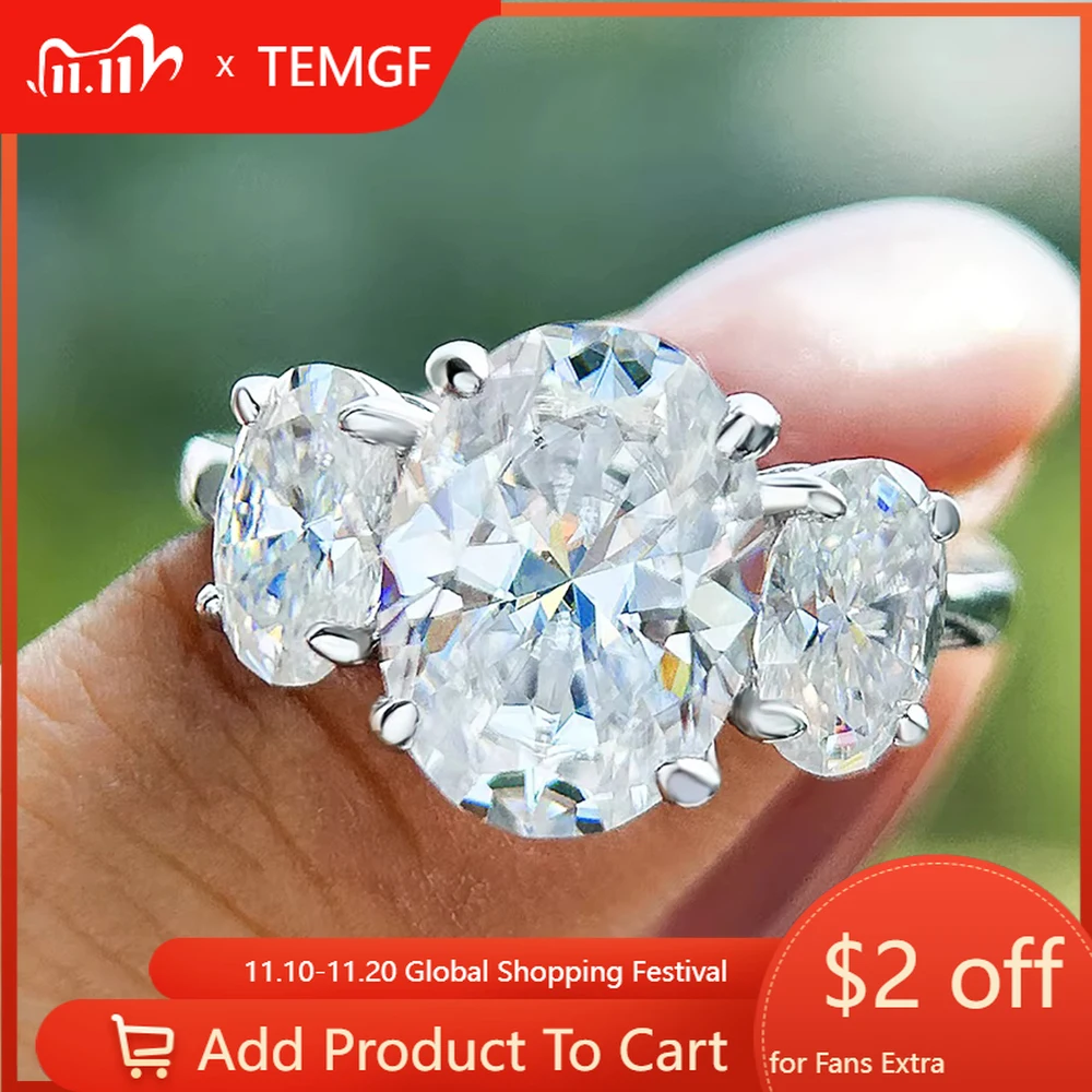 

TEMGF Oval Cut Full Moissanite Rings for Women 925 Sterling Silver 18K Plated 3 Stones Egg Shape Engagement Wedding Fine Jewelry