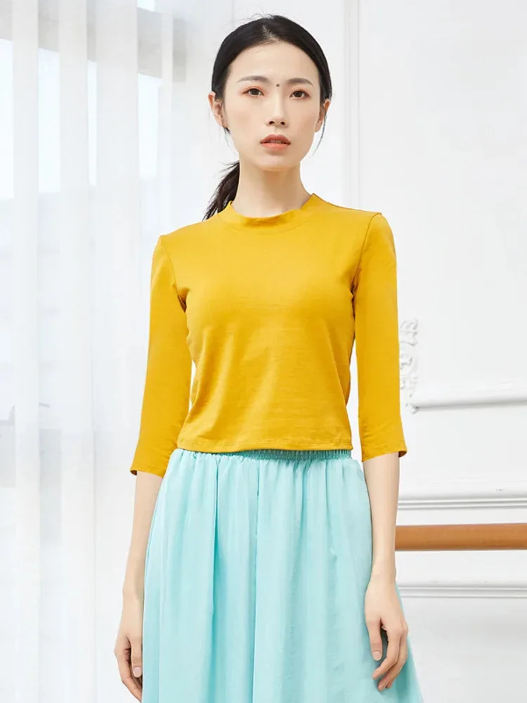 top-de-pratica-de-bale-feminino-camisa-de-manga-curta-de-cor-solida-com-meio-gola-alta-ideal-para-aulas-de-danca-e-shows-de-palco