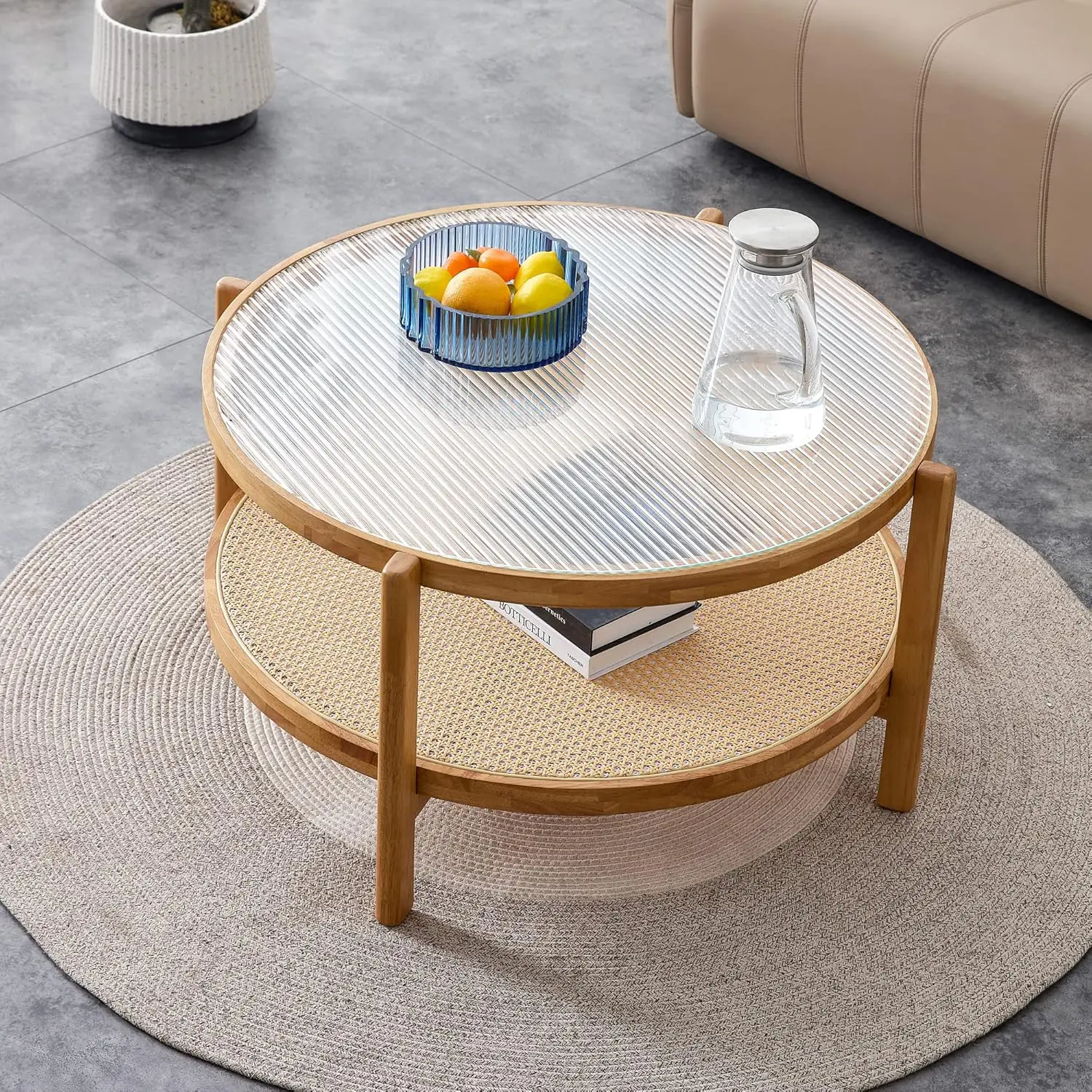 Coffee Table 35 In Modern Simple Circular Double Layer Solid Wood Tea Table Rattan Woven Side Table Small Round Table Suitable