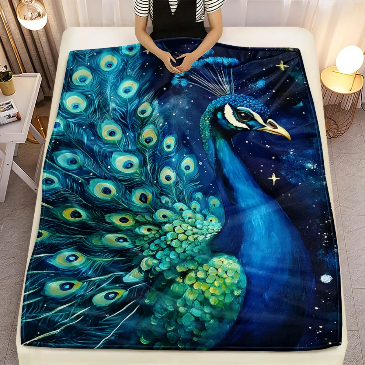 Blue Peacock Night Sky Fleece Blanket Gorgeous Feather Pattern Starry Background Soft Flannel Throw Cover Home Decor Gift for