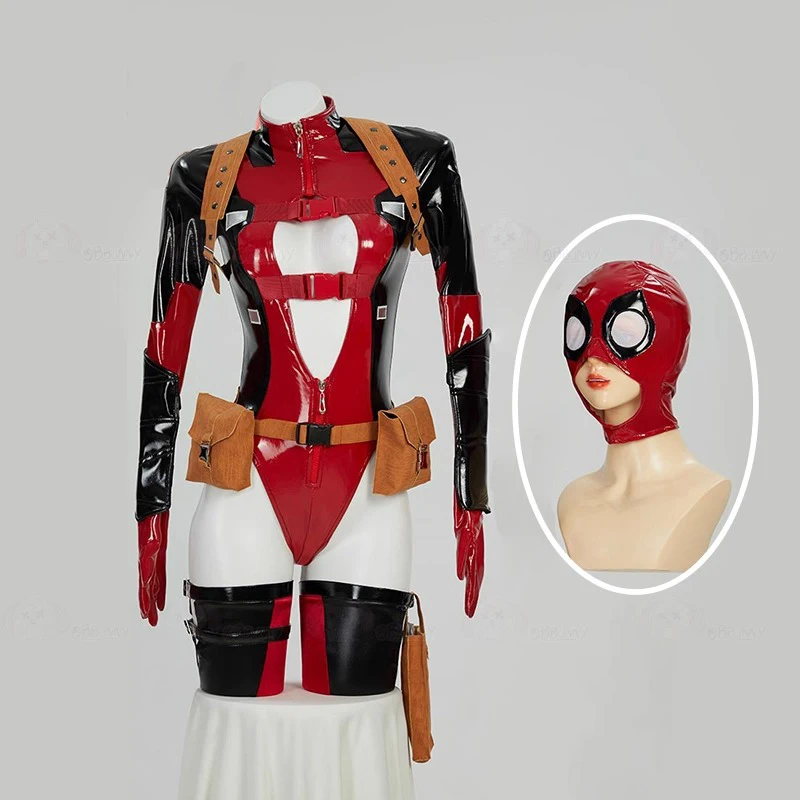 

Dead pool Cosplay Costume Women Sexy Leather Long Sleeve Bodysuit Socks Helmet Waist Bag Suits Halloween Carnival Party Clothes