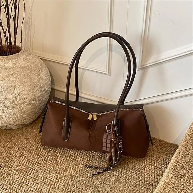 

Matte Suede Handbag Women's Retro Pillow Bag With Pendant Double Zipper Luxury Shoulder Bag Fashionable Commuting Armpit Bag