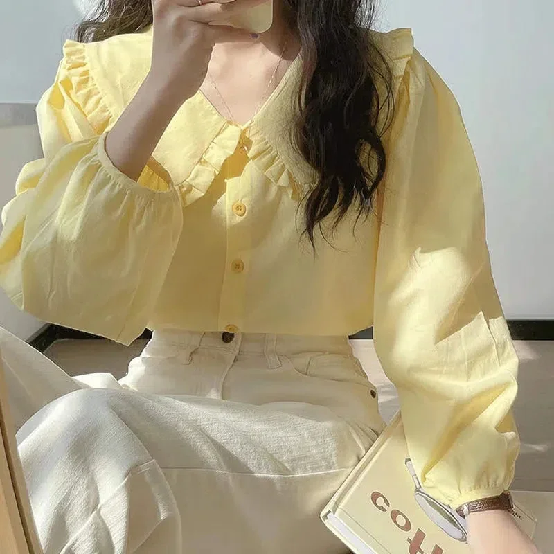 Sweet Peter Pan Collar Shirt Women Vintage Long Sleeve Blouse Female Preppy Style Yellow Blue Loose Buttons Youth Tops 2023 Y2k